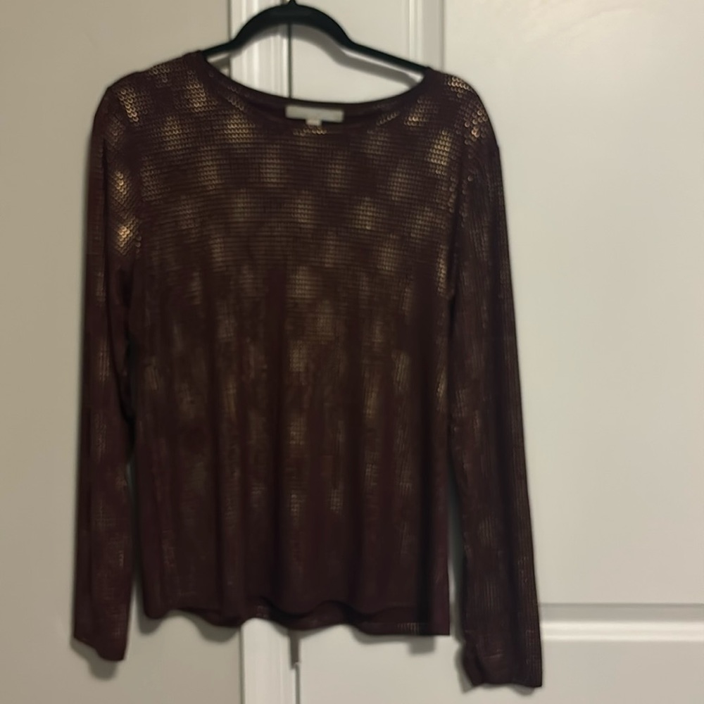 Women’s burgundy long sleeve shirt with tiny gold metal beads by complements.